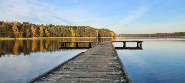 Serene view of a wooden pier extending over a calm autumn lake with colorful forest reflection.